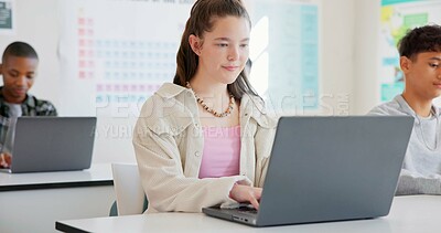 Girl, students and laptop in a classroom, education and knowledge with connection, typing and learning. Happy person, academic and pc with kids, studying and creativity with lessons and high school