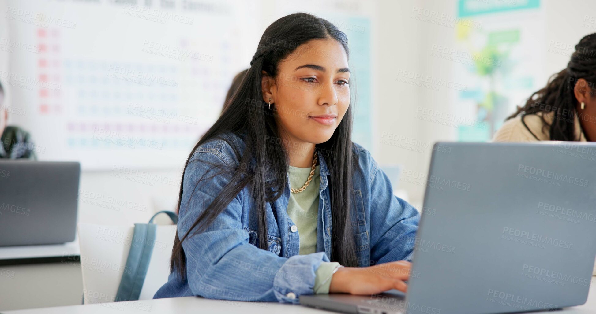 Buy stock photo Woman, student and laptop for classroom education, e learning and studying or research in college. Young people typing on computer for university or school information, FAQ or scholarship application