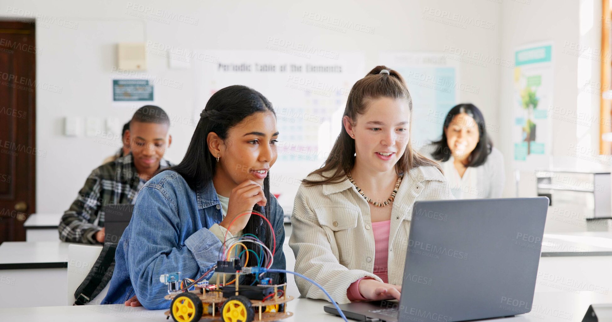 Buy stock photo Robotics, education and children with laptop at school learning coding, robot or car toy. Girl students in classroom for technology, electronics or science for development, innovation or teamwork