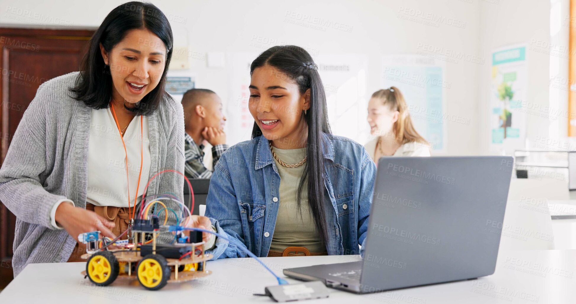 Buy stock photo Technology, car robotics and student on laptop, teacher and happy for project in classroom, education or learning with electronics. Innovation, school kid and science class for transport knowledge