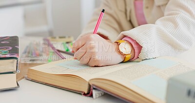 Hands, writing in notebook and student studying, learning and research knowledge of info. Closeup, notes and person on diary, journal or planning schedule reminder in to do list for education idea