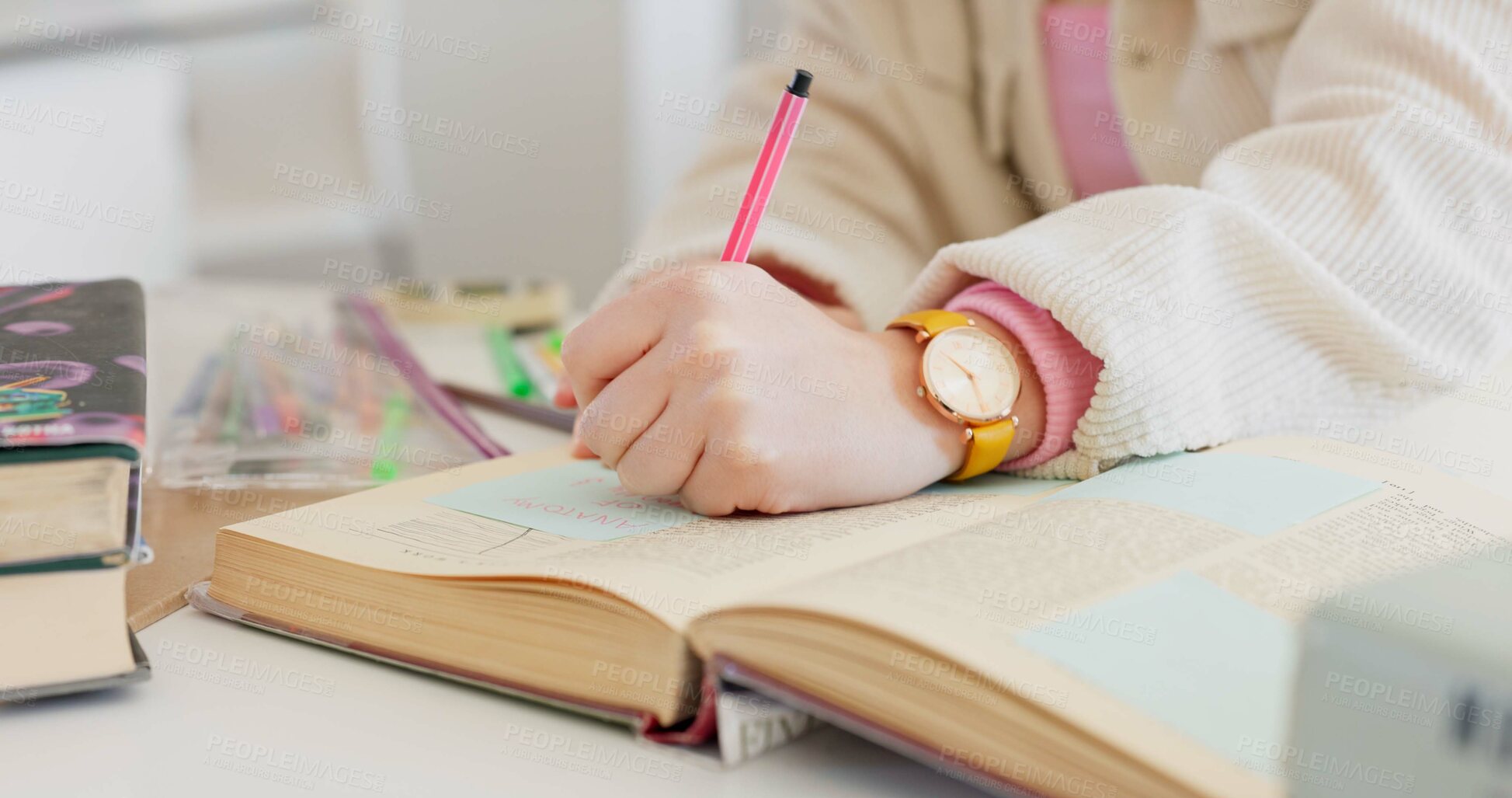 Buy stock photo Hands, writing in notebook and student studying, learning and research knowledge of info. Closeup, notes and person on diary, journal or planning schedule reminder in to do list for education idea