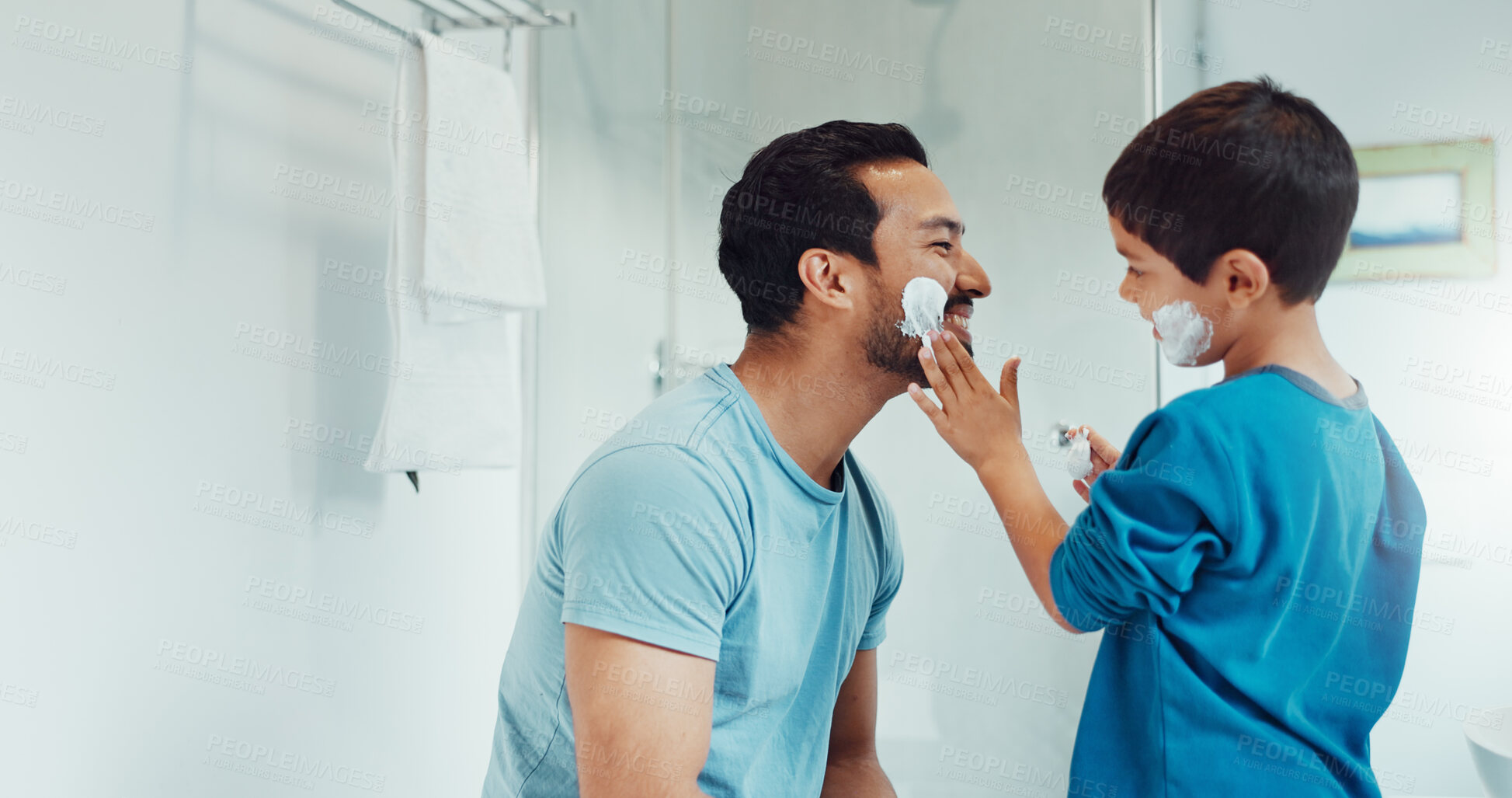 Buy stock photo Father, child and learning with shaving cream or teaching a boy a skincare, morning beauty routine and grooming in the bathroom. Shave together, son and dad helping with foam, razor and skin care