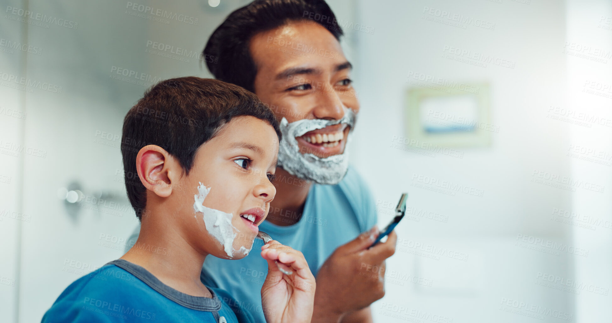 Buy stock photo Dad, boy and learning to shave in bathroom with facial cream, skincare routine and support. Father, kid and teaching about cosmetics of cleaning face, beard and foam for love, care and family at home