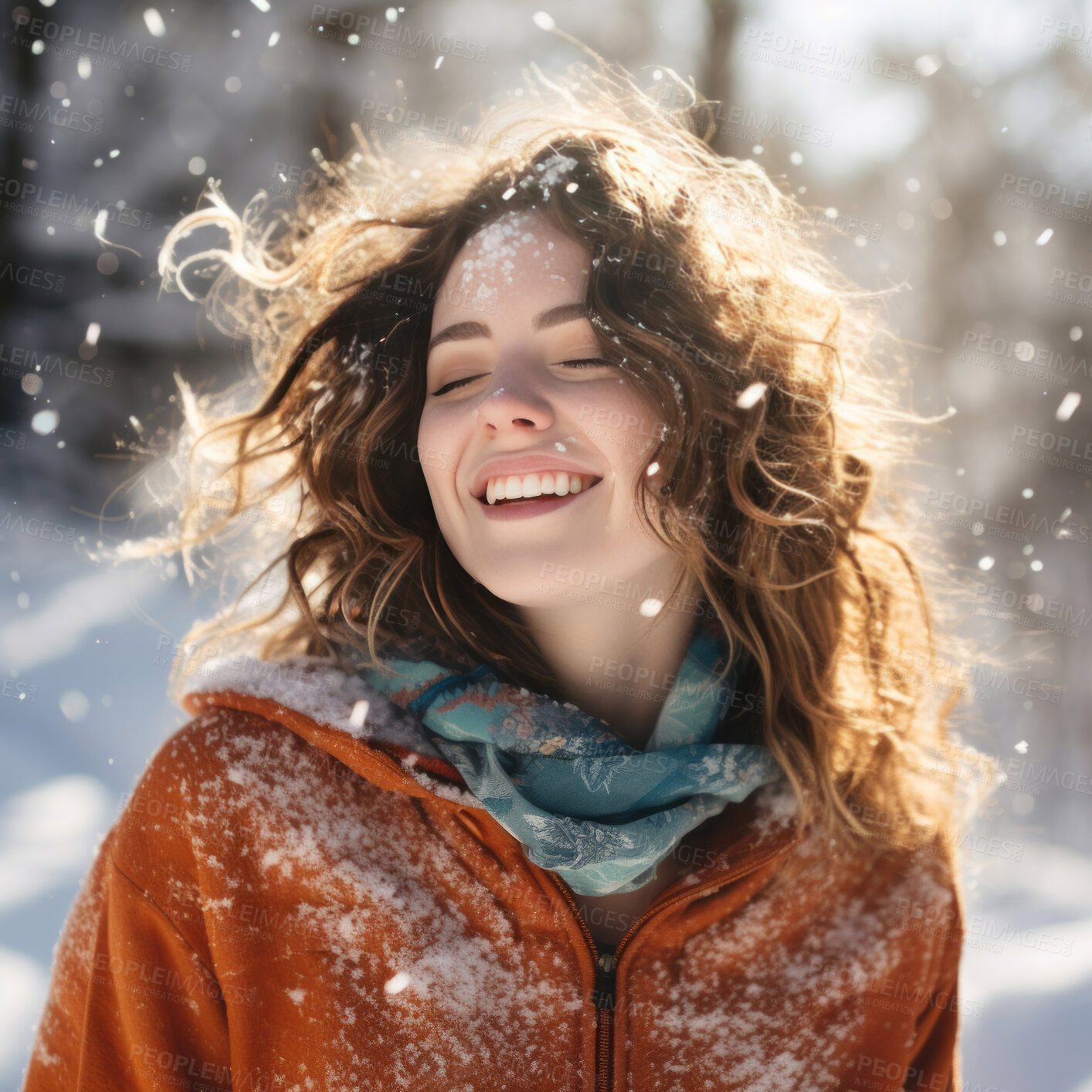 Buy stock photo Portrait of happy, smiling woman, closed eyes in snow.