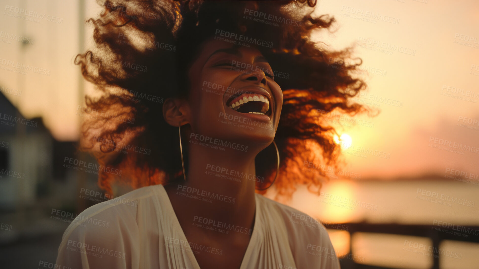 Buy stock photo Happy young woman at sunset. Laughing, enjoying life. Golden hour concept.