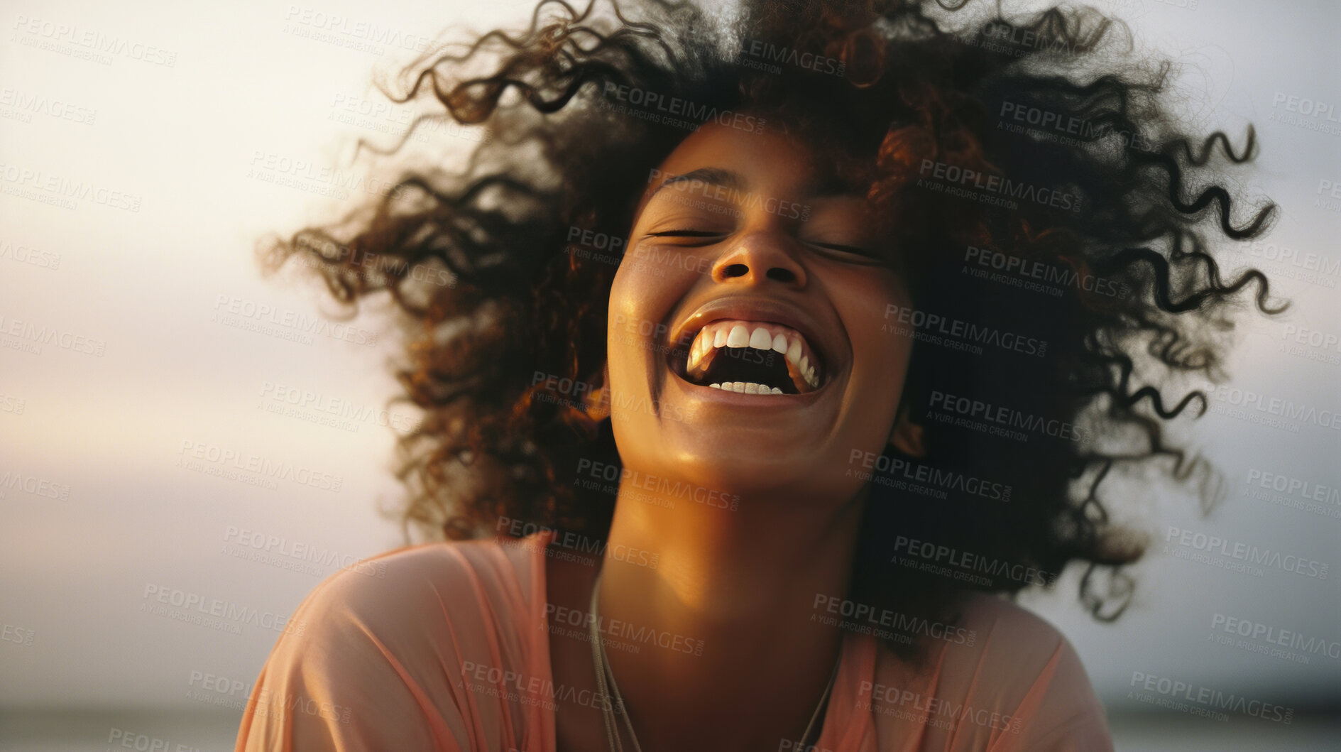 Buy stock photo Woman laughing on beach. Happy african american woman at sunset.