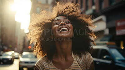 Buy stock photo Happy young woman in street.
Laughing with arms up. Freedom concept.