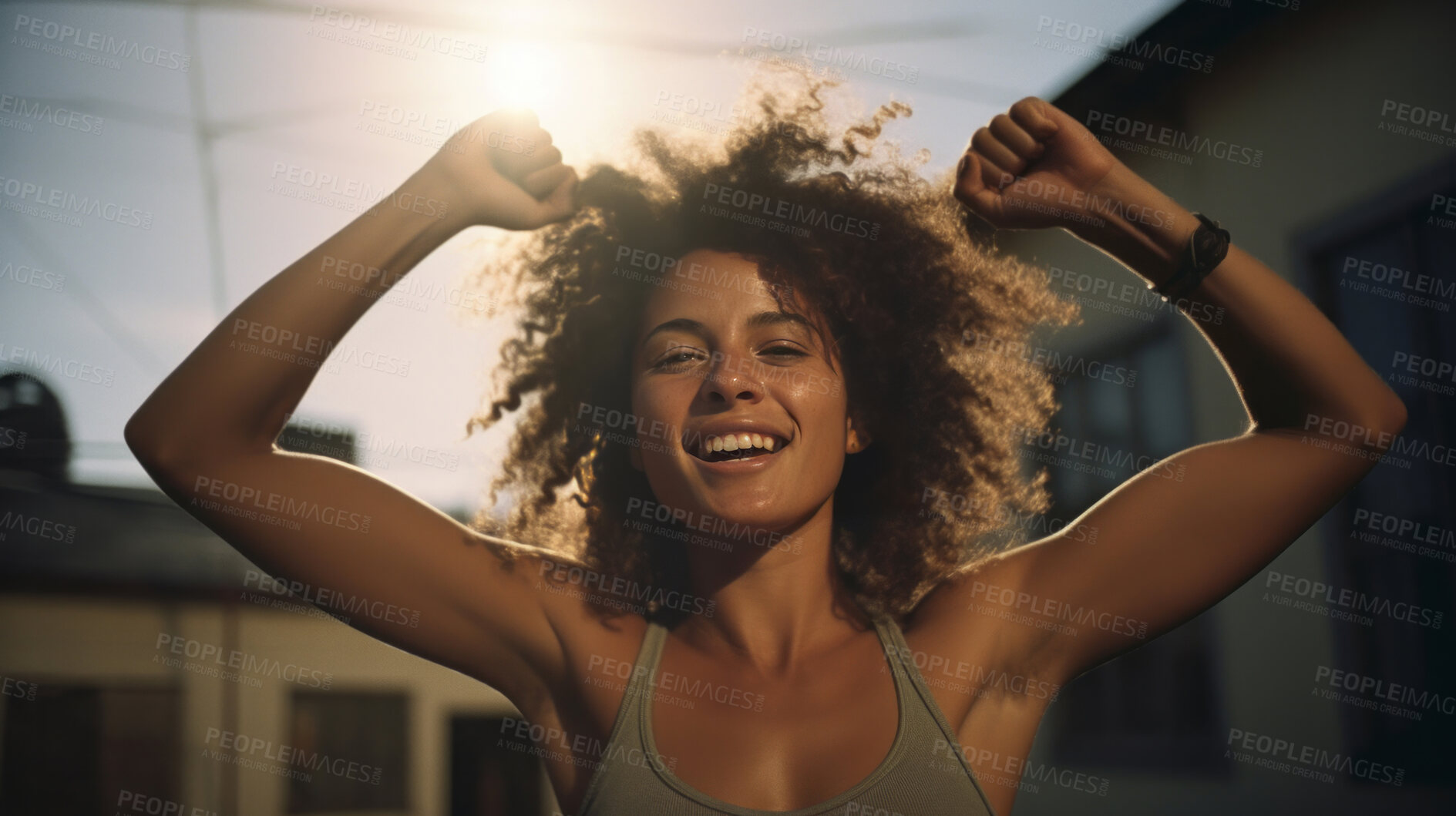 Buy stock photo Happy young woman in street.
Laughing with arms up. Freedom concept.