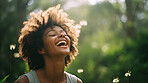 Happy young woman laughing in forrest . Sunset, freedom.