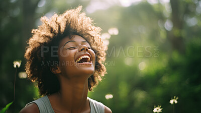 Buy stock photo Happy young woman laughing in forrest . Sunset, freedom.