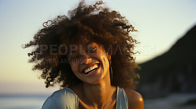 Buy stock photo Woman laughing on beach. Happy african american woman at sunset.