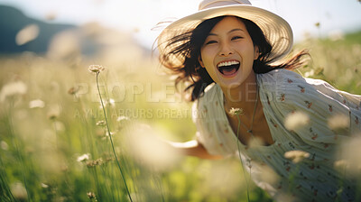 Buy stock photo Happy asian woman in field of grass. Laughing and enjoying moment.