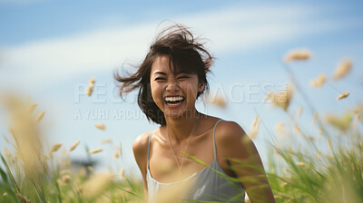 Buy stock photo Happy asian woman in field of grass. Laughing and enjoying moment.