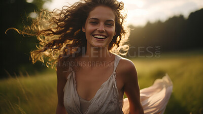 Buy stock photo Happy woman. Dancing in field. Laughing and enjoying moment.