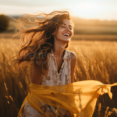 Buy stock photo Happy woman, enjoying sunset. Dancing in field.