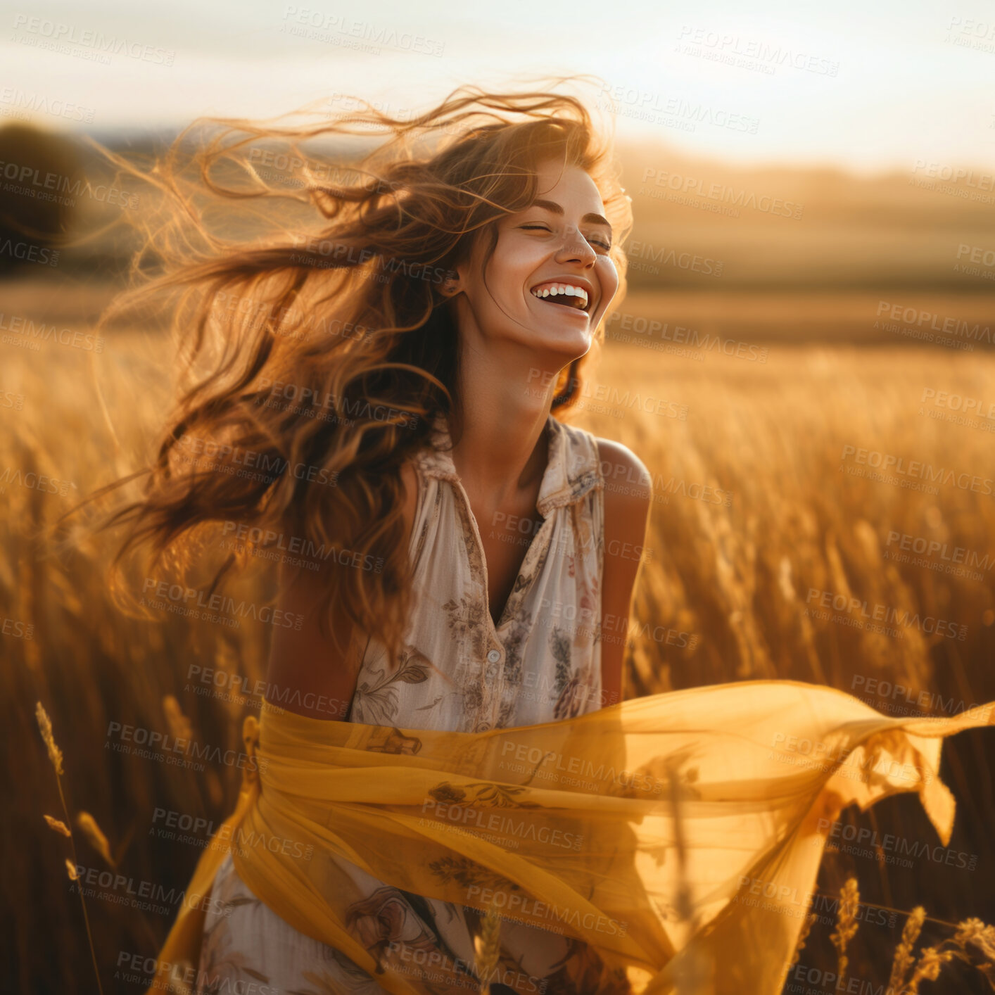 Buy stock photo Happy woman, enjoying sunset. Dancing in field.