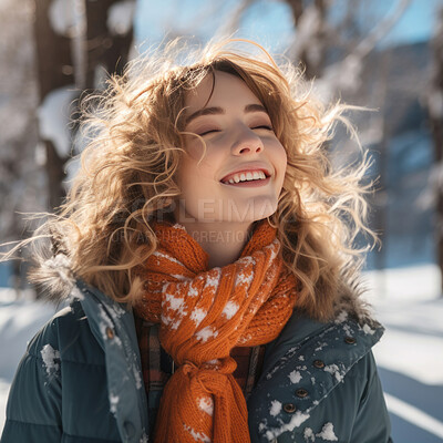 Buy stock photo Portrait of happy, smiling woman, closed eyes in snow.