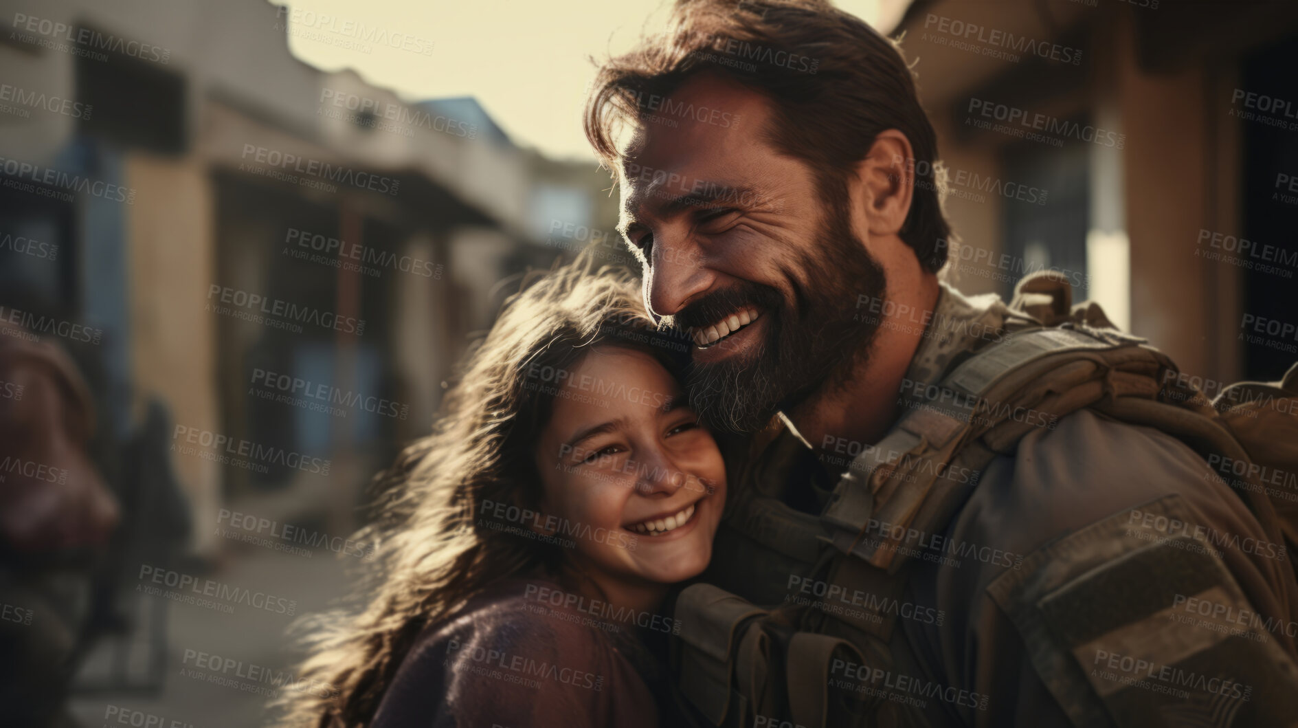 Buy stock photo Portrait of happy soldier with child. Veteran homecoming concept.