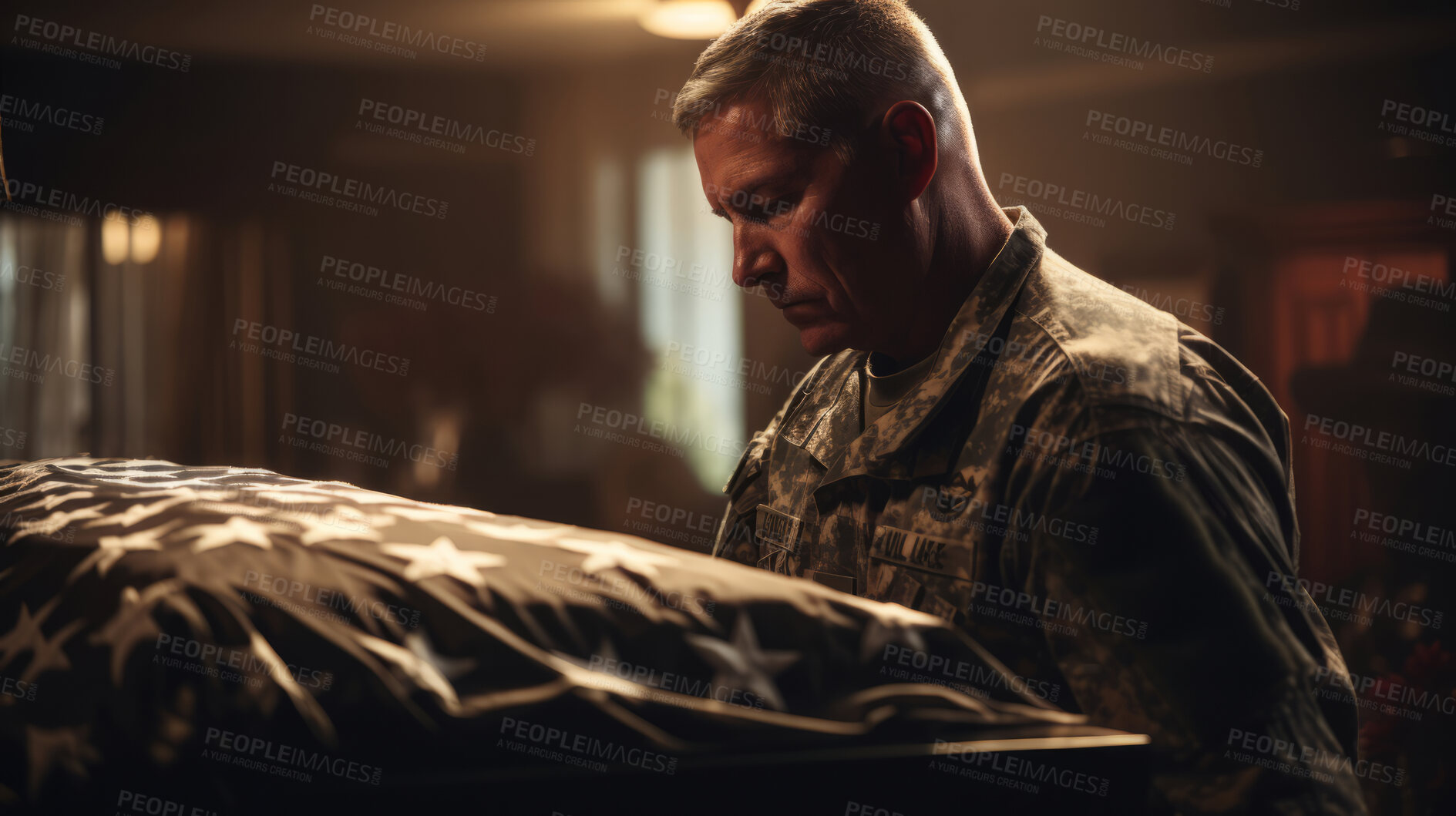 Buy stock photo Soldier mourning death of friend. Standing at coffin. Funeral service.
