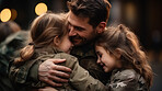 Portrait of soldier hugging children. Veteran homecoming concept.