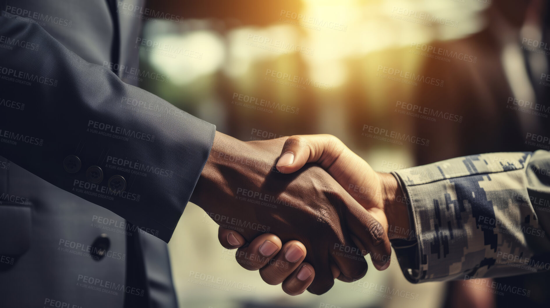 Buy stock photo Close-up handshake between soldier and business or politician.