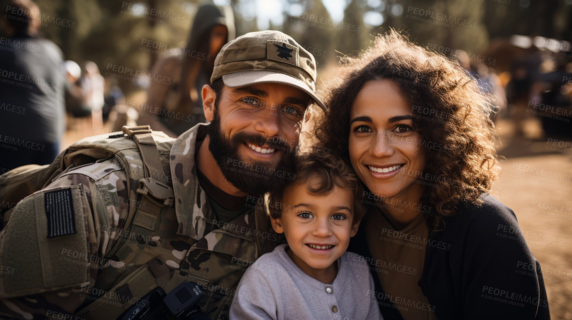 Buy stock photo Portrait of soldier with happy family. Veteran homecoming concept.
