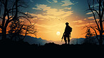 Graphic silhouette of armed soldier or marine at sunset.
War concept.