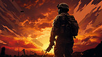 Graphic silhouette of armed soldier or marine at sunset.
War concept.