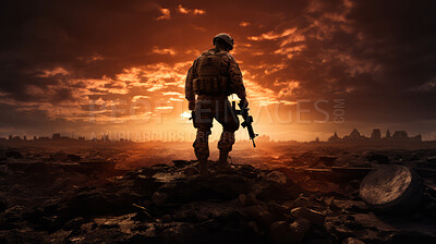 Buy stock photo Silhouette of armed soldier or marine at sunset.
War concept.