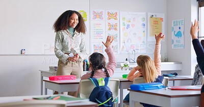 Buy stock photo Education, raise arm and woman teacher in classroom with kids for learning, discussion and knowledge. Help, studying and children students with questions for female educator or tutor at school.
