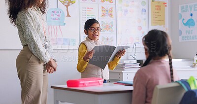 School book, child and reading in class for learning, development and communication. A smart girl kid or student and woman teacher for language story, support and confidence in elementary classroom