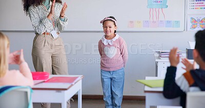 Class, presentation success and child speaker with applause and cheering in classroom at school. Young kid, education and oral reading of project with student and teacher with children in discussion