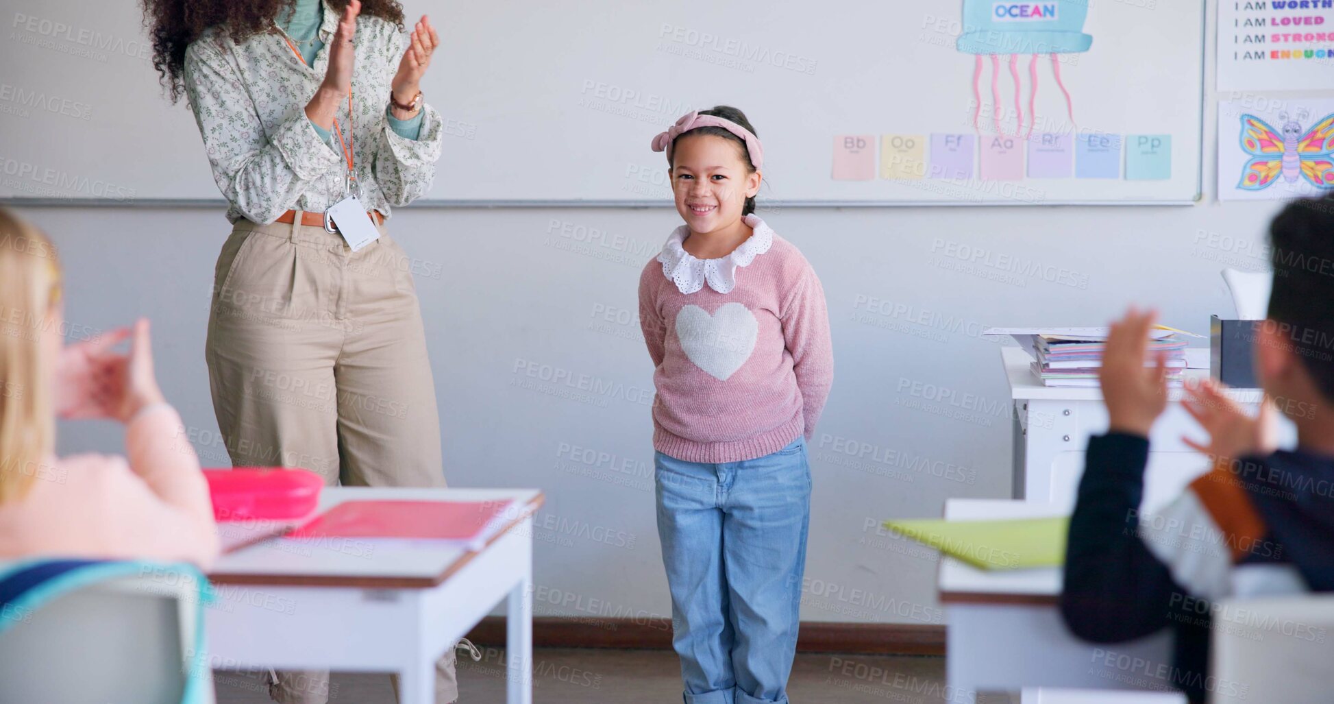 Buy stock photo Class, presentation success and child speaker with applause and cheering in classroom at school. Young kid, education and oral reading of project with student and teacher with children in discussion