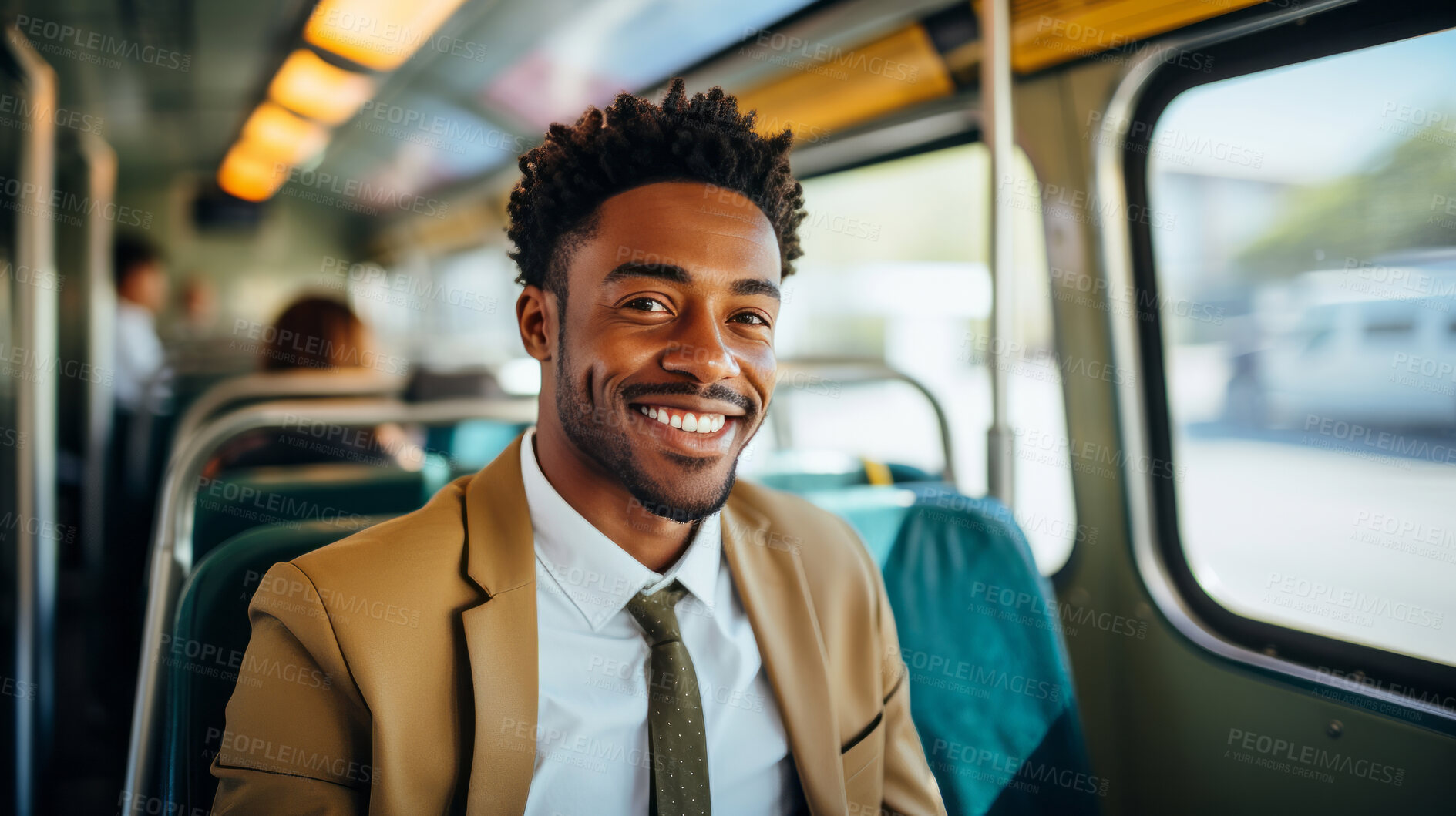 Buy stock photo Modern black business professional in city bus. Business concept.