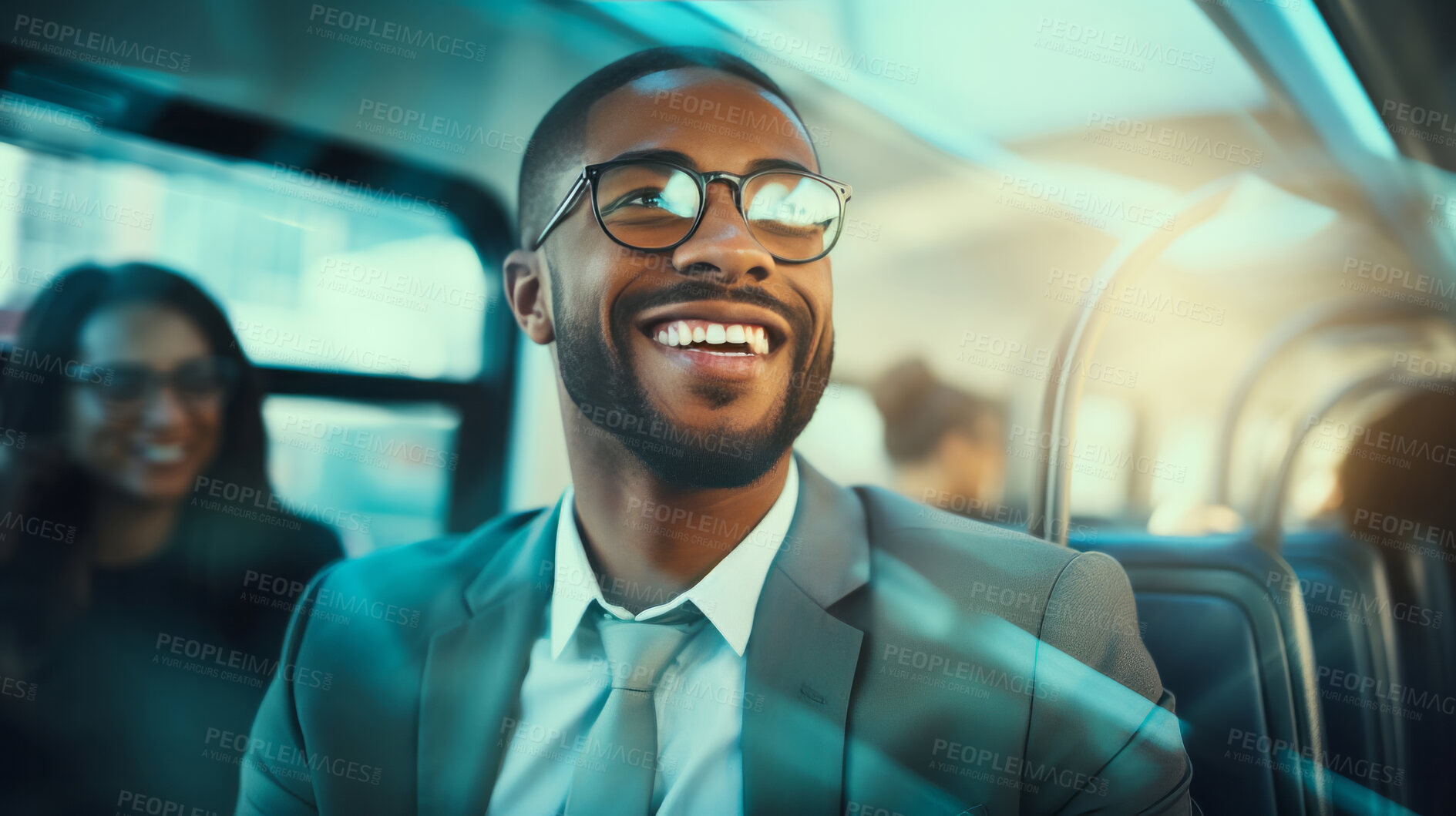 Buy stock photo Modern black business professional in city bus. Business concept.