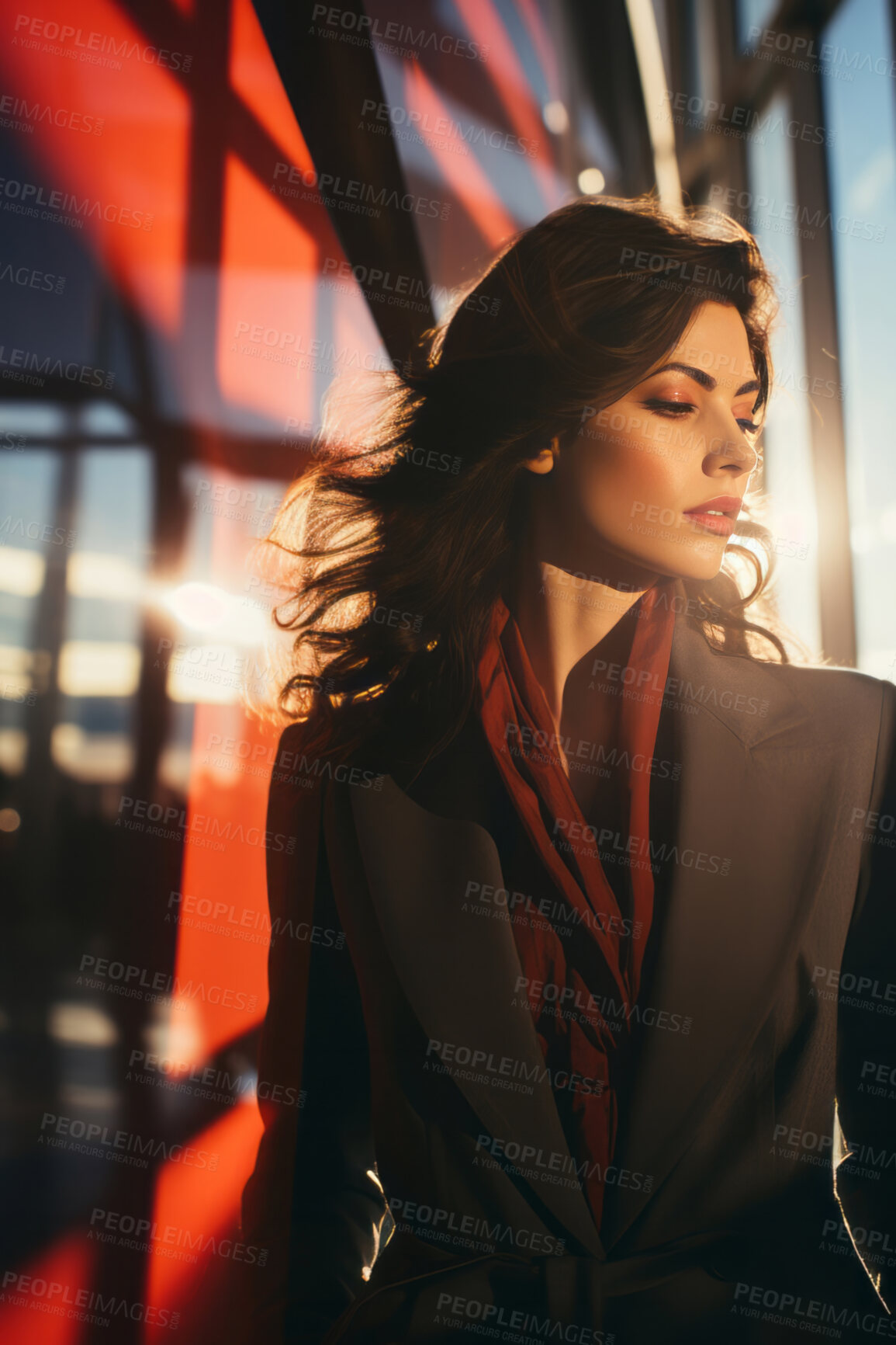 Buy stock photo Portrait of business woman in airport. Beautiful light streak effect. Editorial concept.