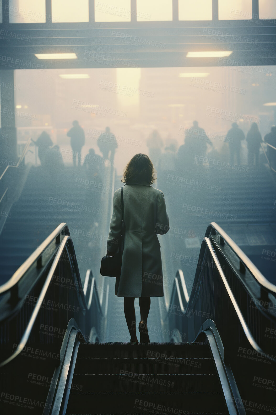 Buy stock photo Woman walking up stairs. Editorial concept.