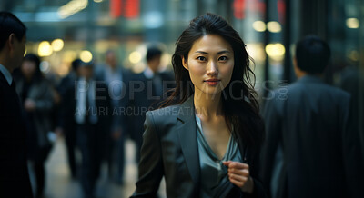 Professional asian woman in busy, city street. Business concept.