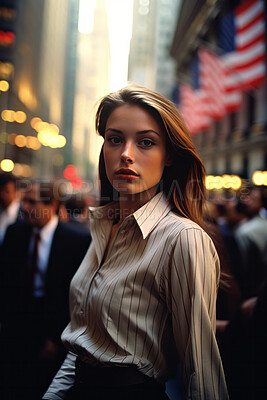 Contrasted portrait of business woman in busy street. Editorial concept.