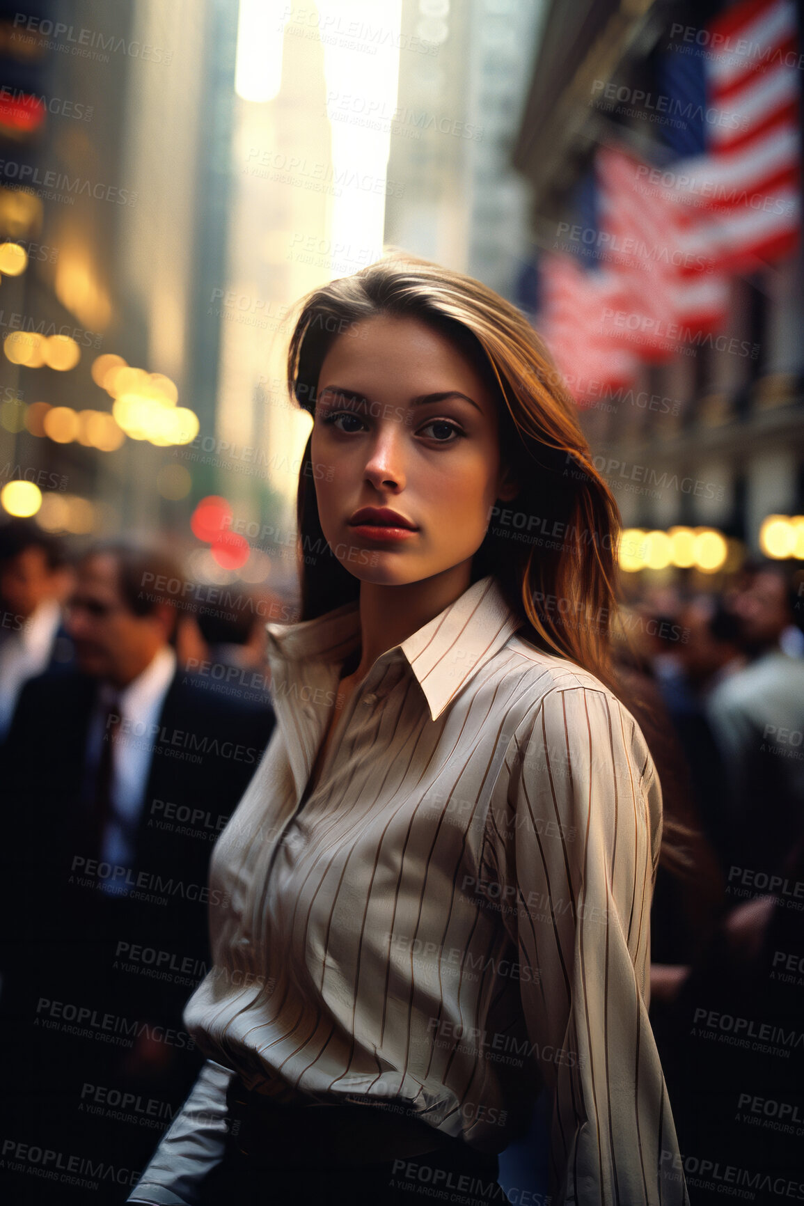 Buy stock photo Contrasted portrait of business woman in busy street. Editorial concept.