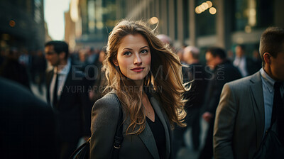 Buy stock photo Portrait of business woman in busy street in sunset. Editorial concept.