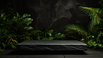 Black marble stone surface in green forest with copyspace. Marketing advertising platform