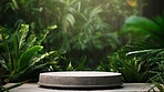 Round stone surface in green forest with copyspace. Marketing advertising platform