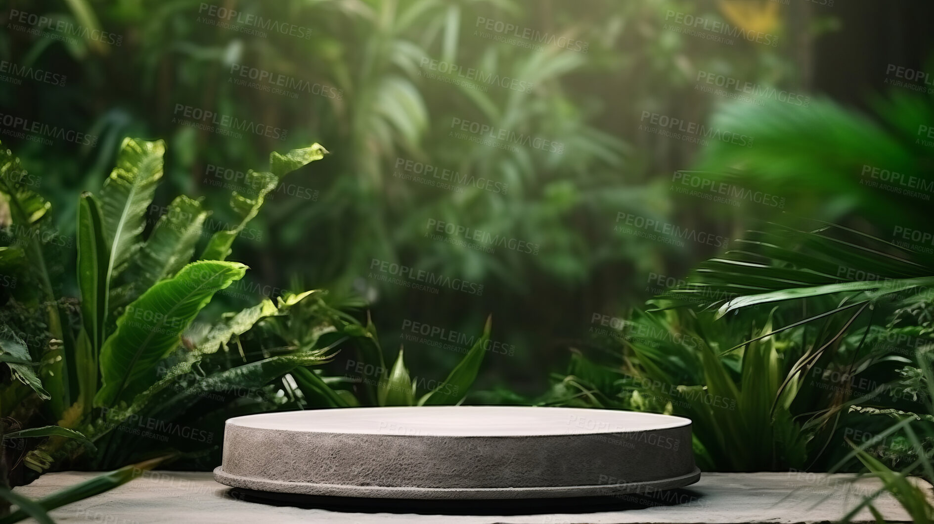Buy stock photo Round stone surface in green forest with copyspace. Marketing advertising platform