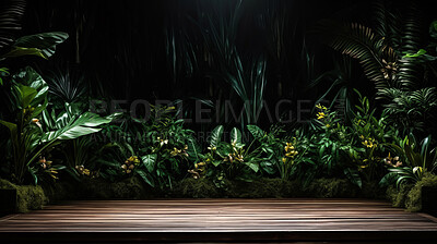 Wood surface in green forest with copyspace. Marketing advertising platform