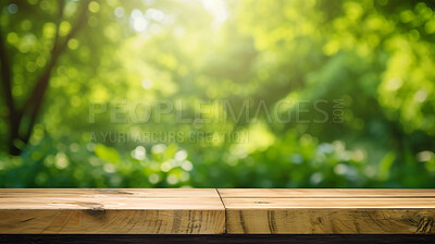 Wood surface in green garden park with copyspace. Marketing advertising platform