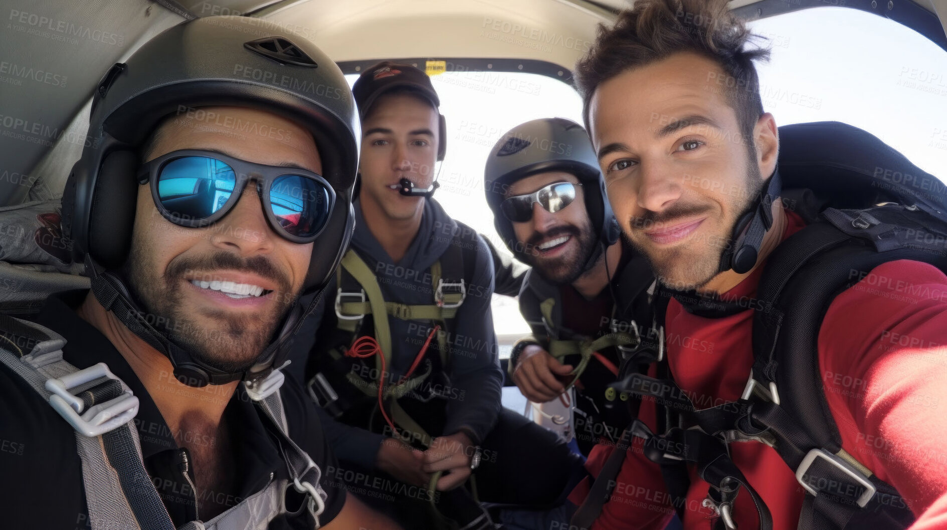 Buy stock photo Group of friends selfie in plan for skydiving. Extreme sport fun adventure