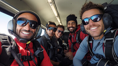 Group of friends selfie in plan for skydiving. Extreme sport fun adventure