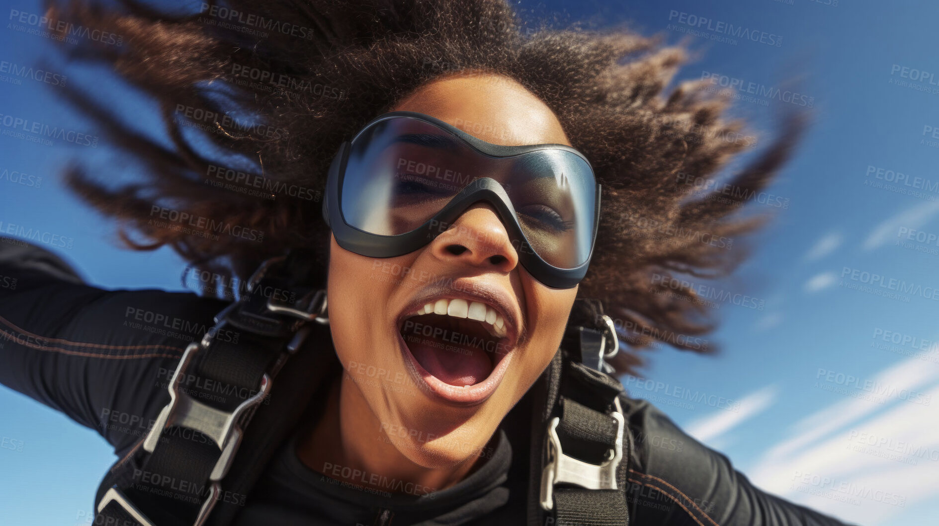 Buy stock photo Selfie of a skydiving woman. Active life extreme sport fun adventure